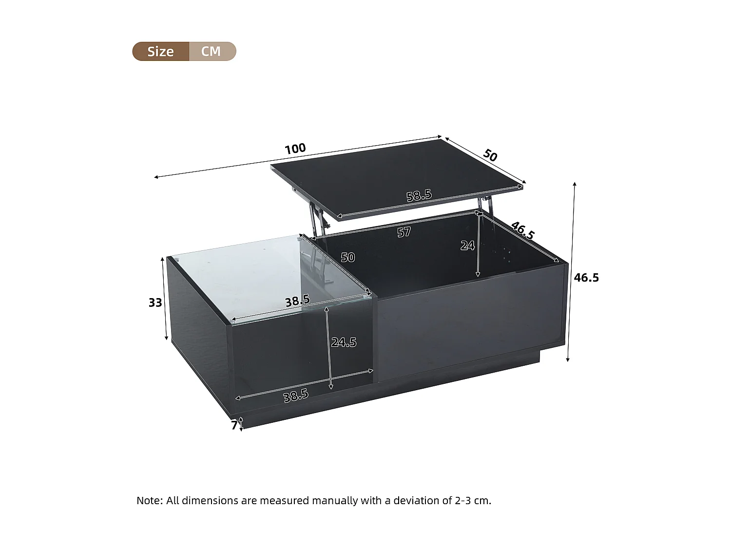 Table basse avec plateau relevable et LED, Rangement intégré, en noir laqué brillant