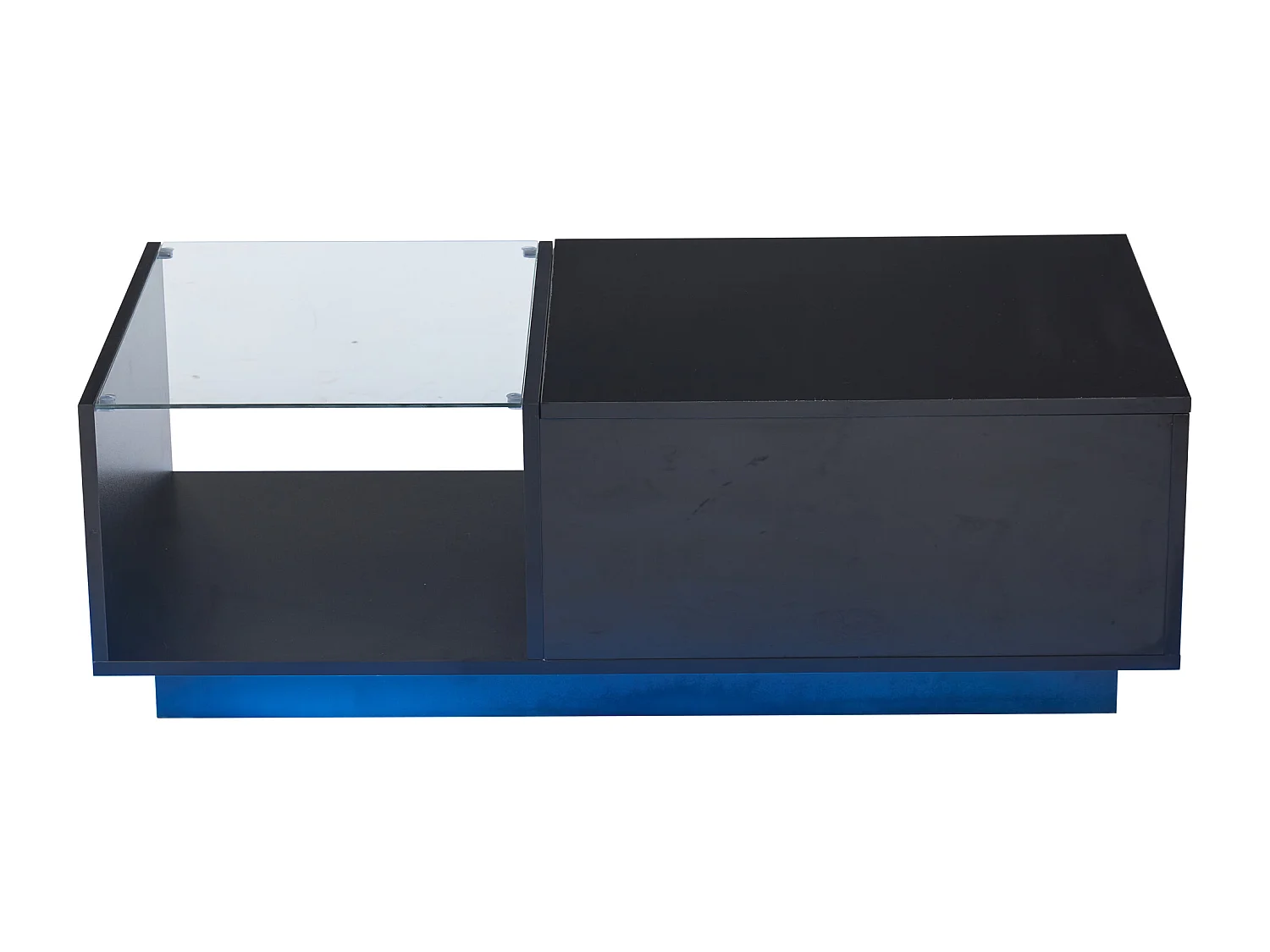 Table basse avec plateau relevable et LED, Rangement intégré, en noir laqué brillant