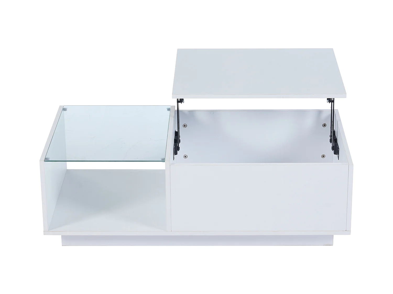 Table basse avec plateau relevable et LED, Rangement intégré, en blanc laqué brillant