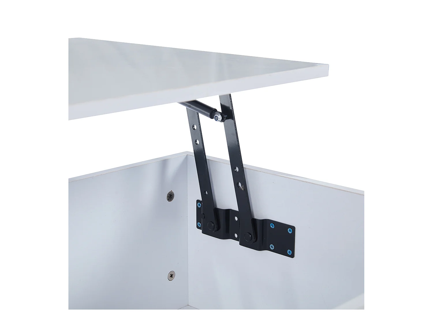 Table basse avec plateau relevable et LED, Rangement intégré, en blanc laqué brillant