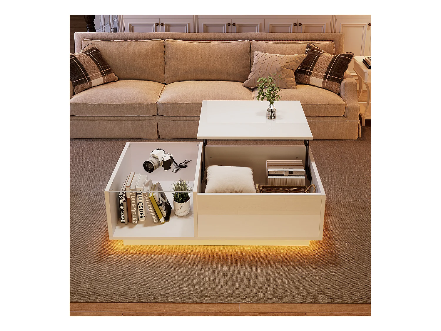 Tavolino con piano sollevabile e LED, contenitore integrato, laccato bianco lucido