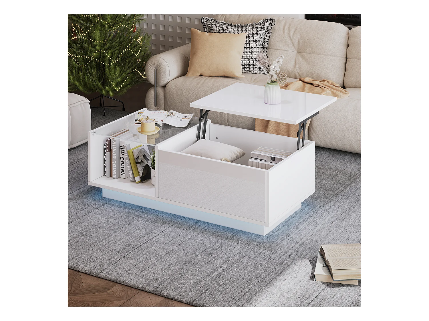 Tavolino con piano sollevabile e LED, contenitore integrato, laccato bianco lucido