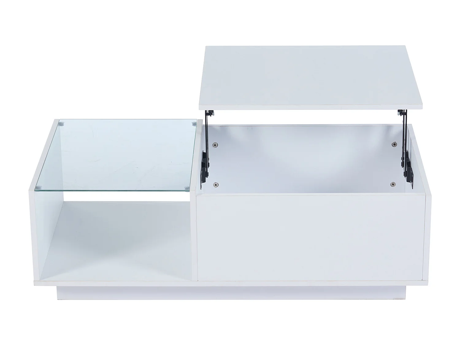 Table basse avec plateau relevable et LED, Rangement intégré, en blanc laqué brillant