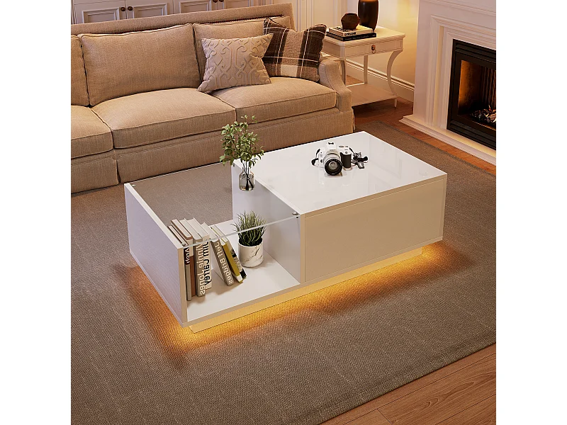 Mesa de centro com tampo elevatório e LED, arrumação integrada, em lacado branco brilhante