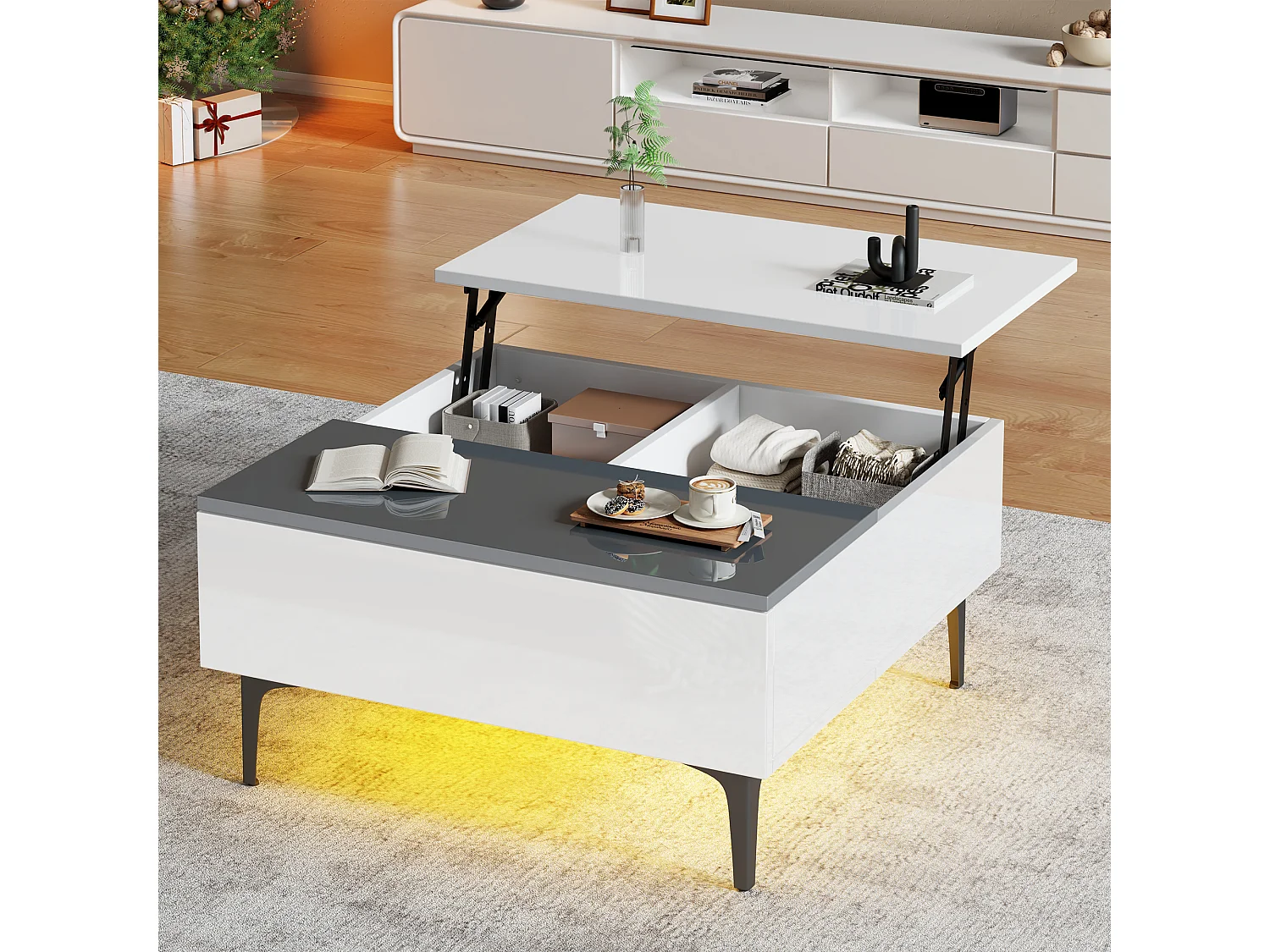 Table basse carré avec plateau relevable, 1 tiroir et compartiments caché, LED inclus, blanc