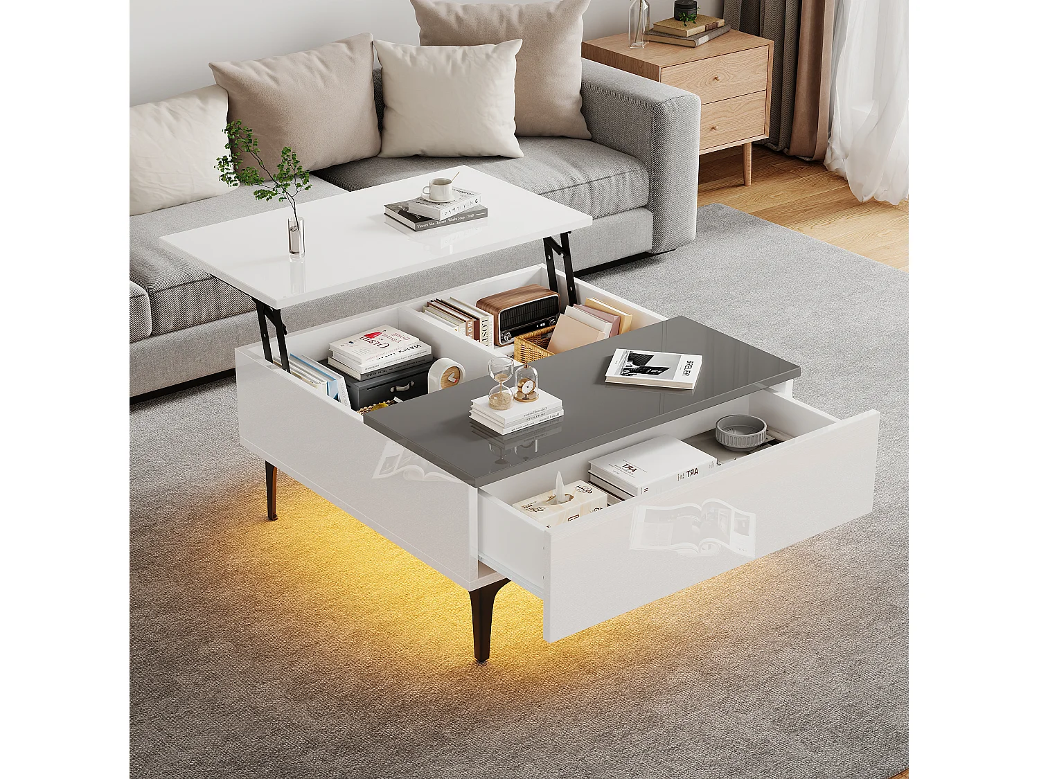 Table basse carré avec plateau relevable, 1 tiroir et compartiments caché, LED inclus, blanc