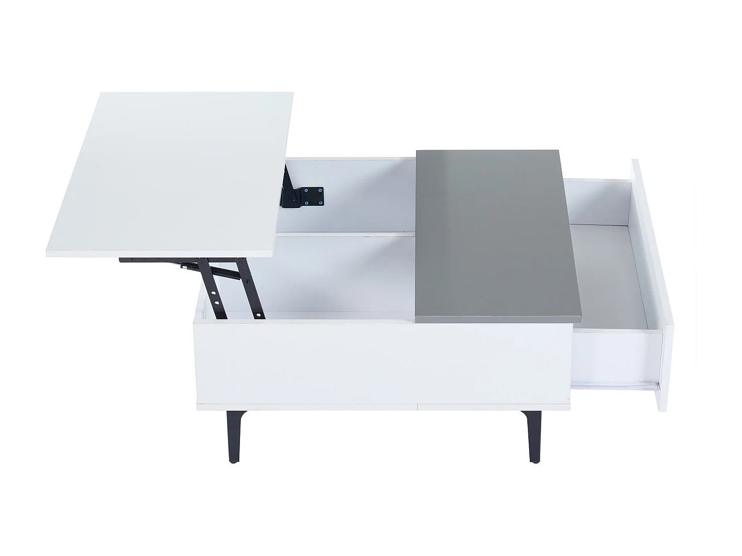 Table basse carré avec plateau relevable, 1 tiroir et compartiments caché, LED inclus, blanc