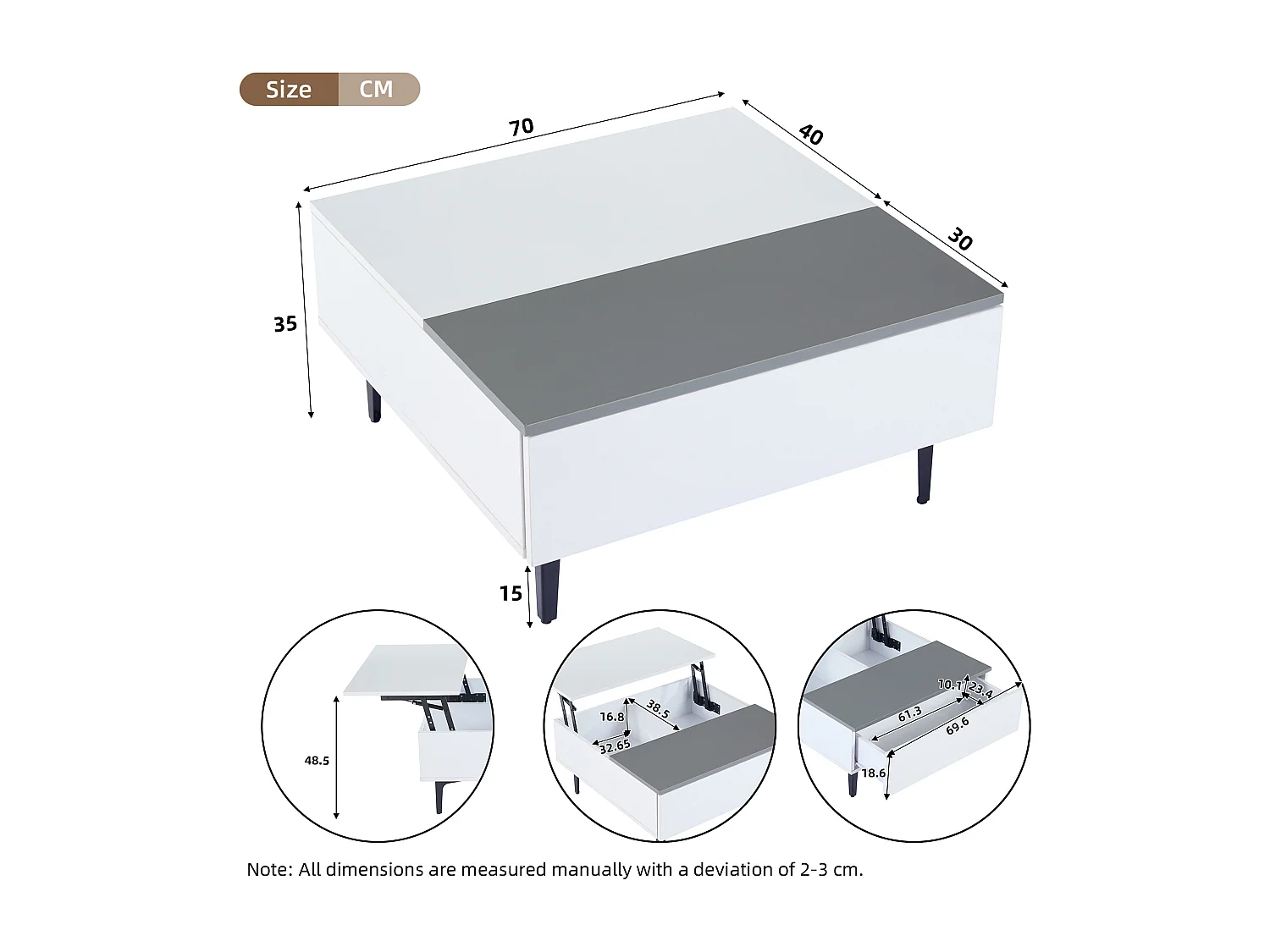 Table basse carré avec plateau relevable, 1 tiroir et compartiments caché, LED inclus, blanc