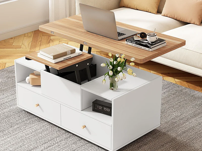 Salontafel 100×50×47.5 cm - met opklapfunctie - 4 laden - met draaibare wieltjes - wit + naturel