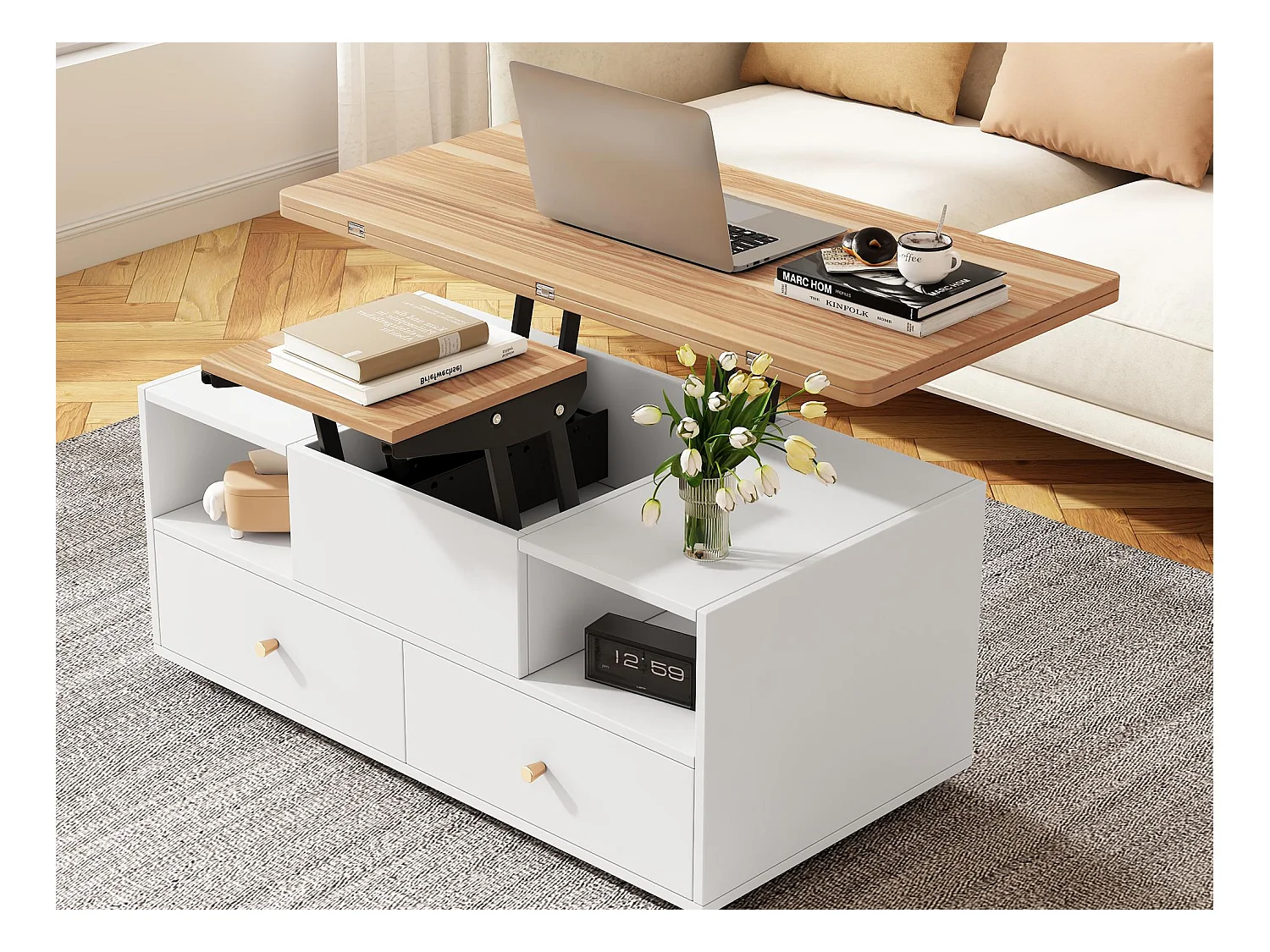 Couchtisch 100×50×47.5 cm - mit Klappfunktion - 4 Schubladen - mit Drehrollen - weiß + natur