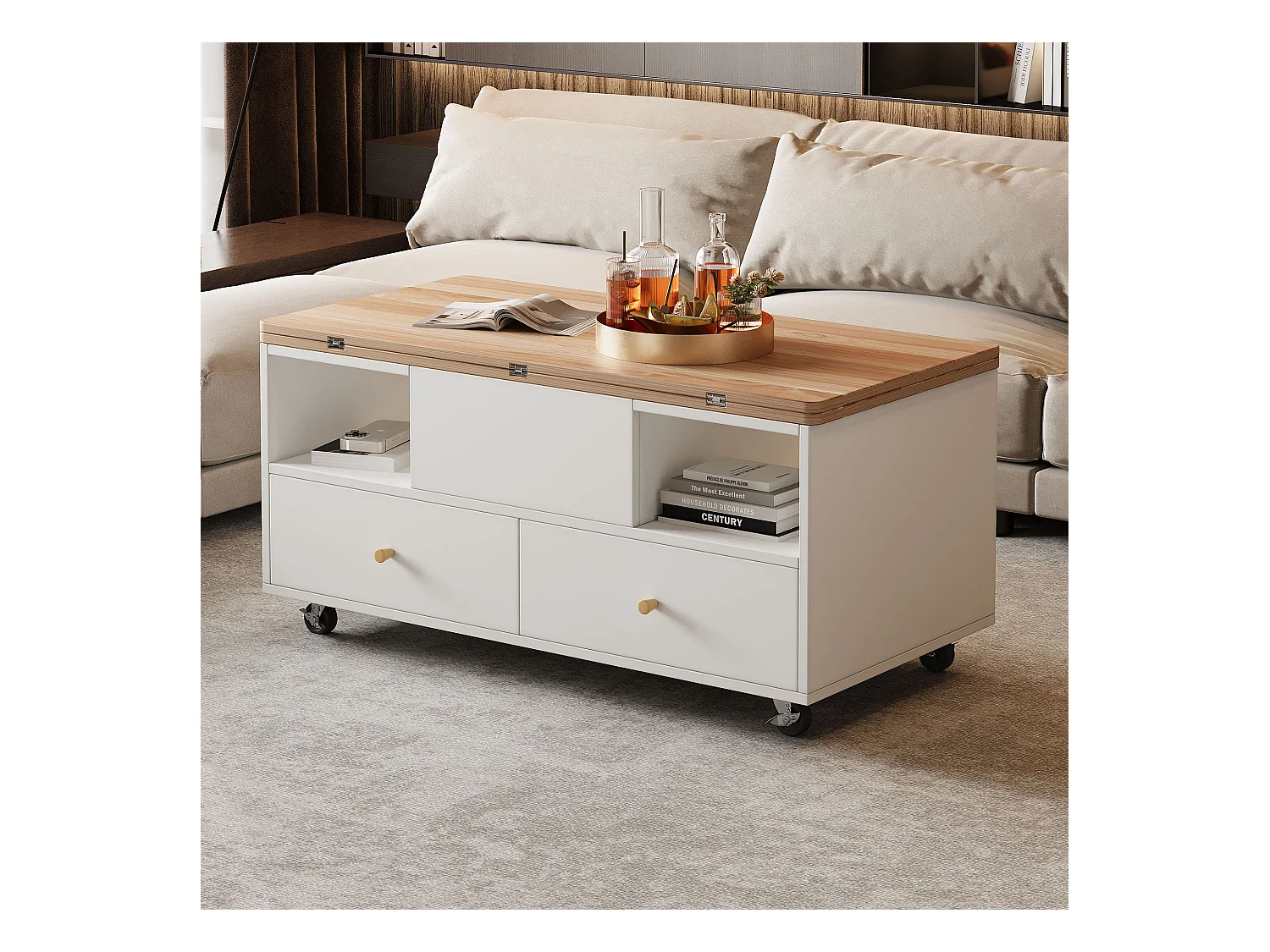 Couchtisch 100×50×47.5 cm - mit Klappfunktion - 4 Schubladen - mit Drehrollen - weiß + natur