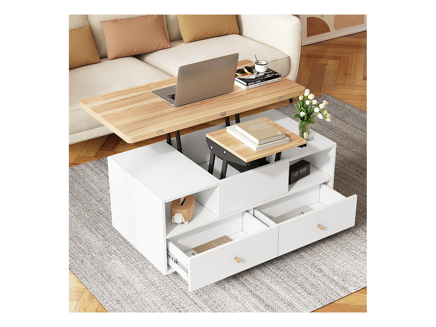 Couchtisch 100×50×47.5 cm - mit Klappfunktion - 4 Schubladen - mit Drehrollen - weiß + natur