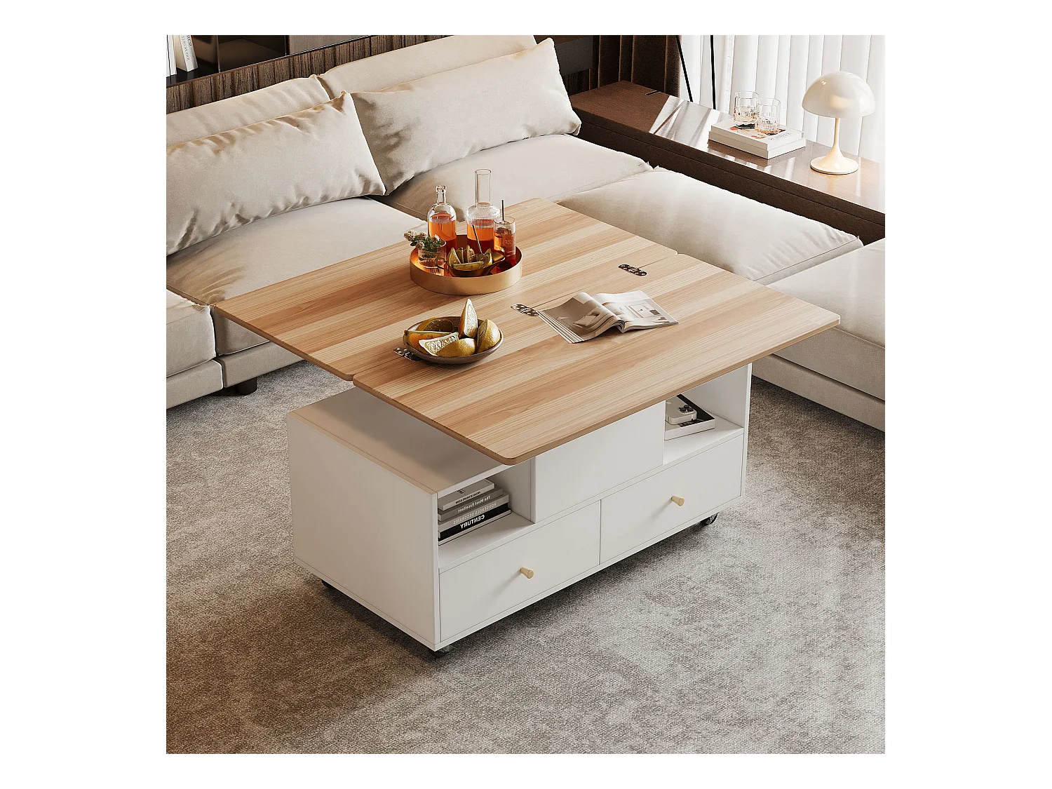 Couchtisch 100×50×47.5 cm - mit Klappfunktion - 4 Schubladen - mit Drehrollen - weiß + natur