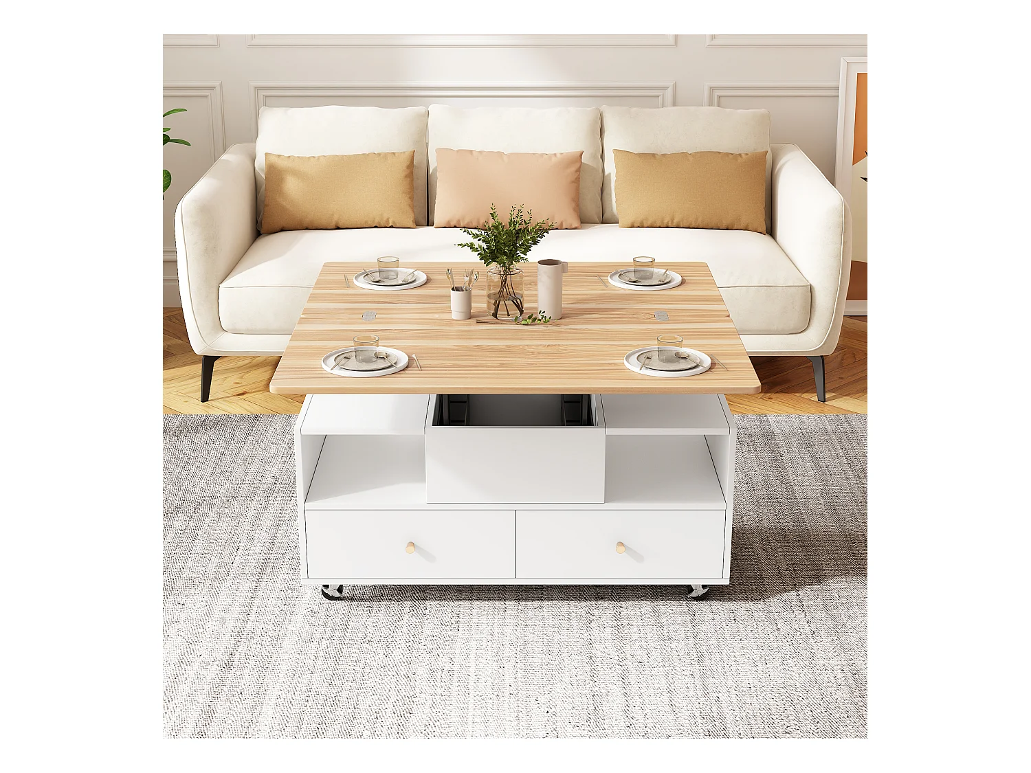 Couchtisch 100×50×47.5 cm - mit Klappfunktion - 4 Schubladen - mit Drehrollen - weiß + natur