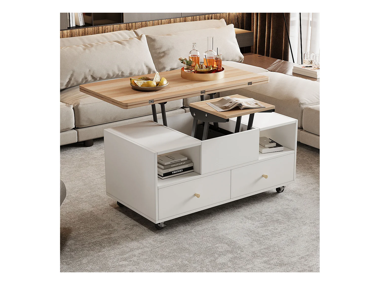 Couchtisch 100×50×47.5 cm - mit Klappfunktion - 4 Schubladen - mit Drehrollen - weiß + natur