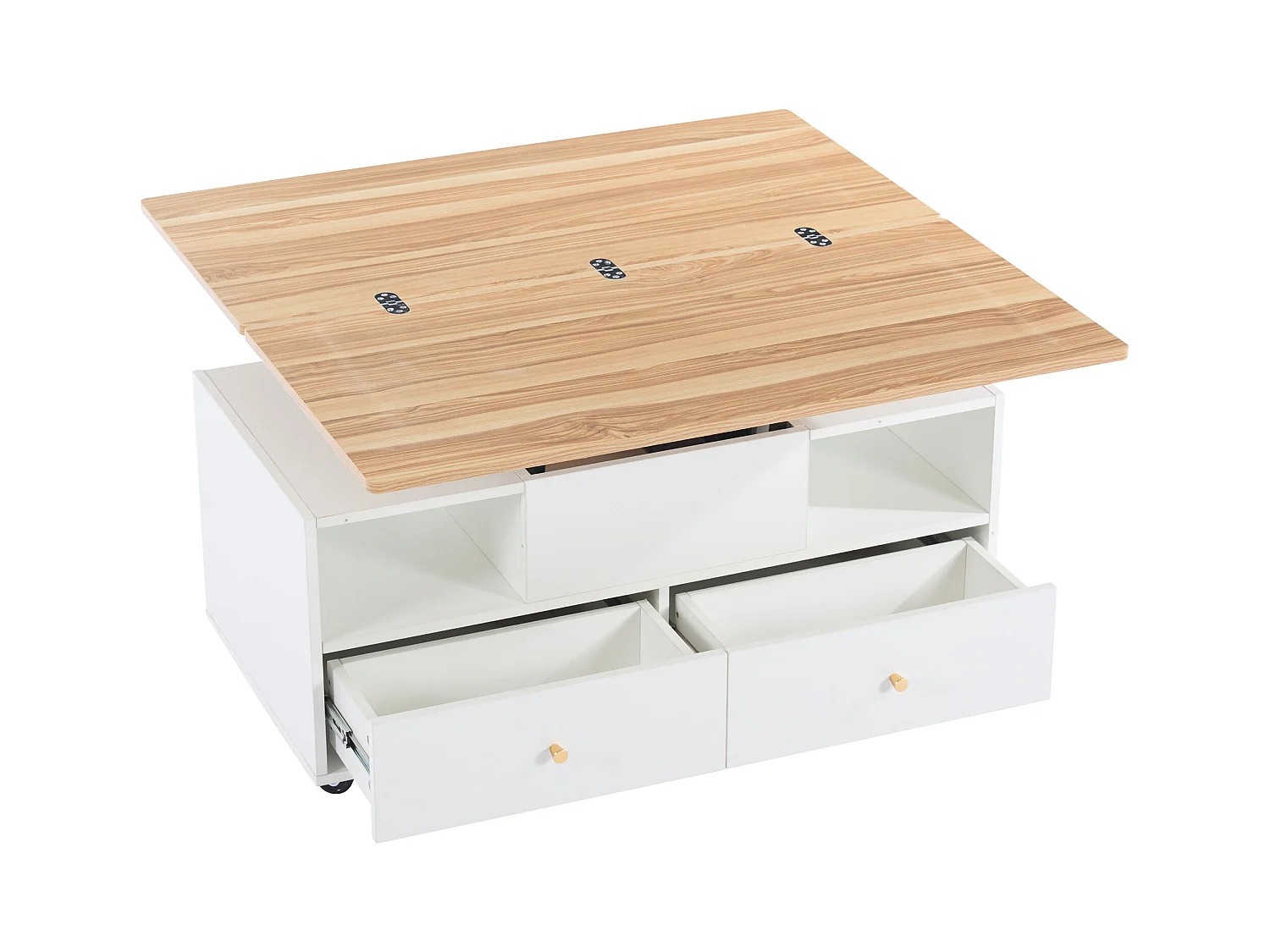 Couchtisch 100×50×47.5 cm - mit Klappfunktion - 4 Schubladen - mit Drehrollen - weiß + natur