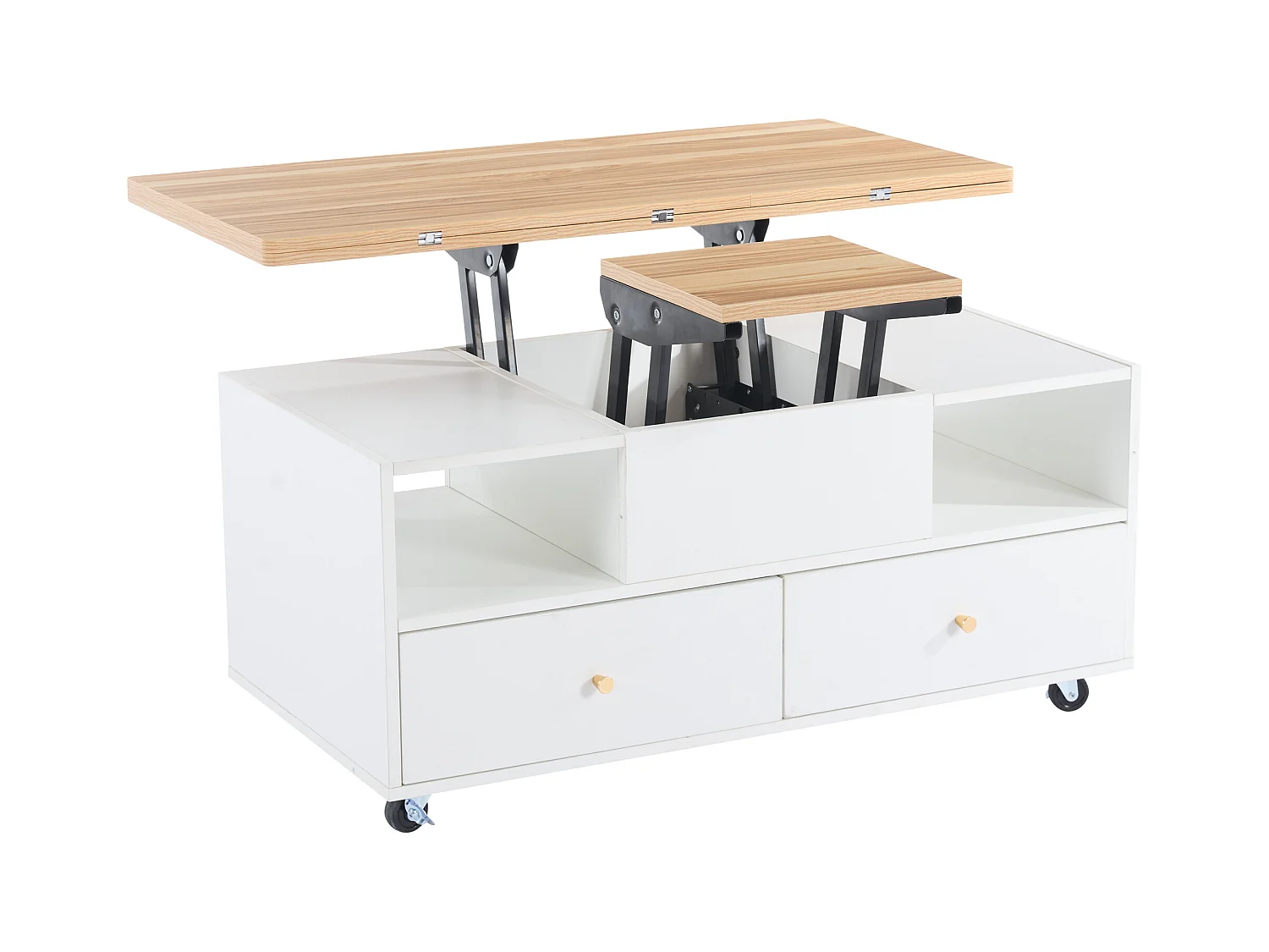 Couchtisch 100×50×47.5 cm - mit Klappfunktion - 4 Schubladen - mit Drehrollen - weiß + natur