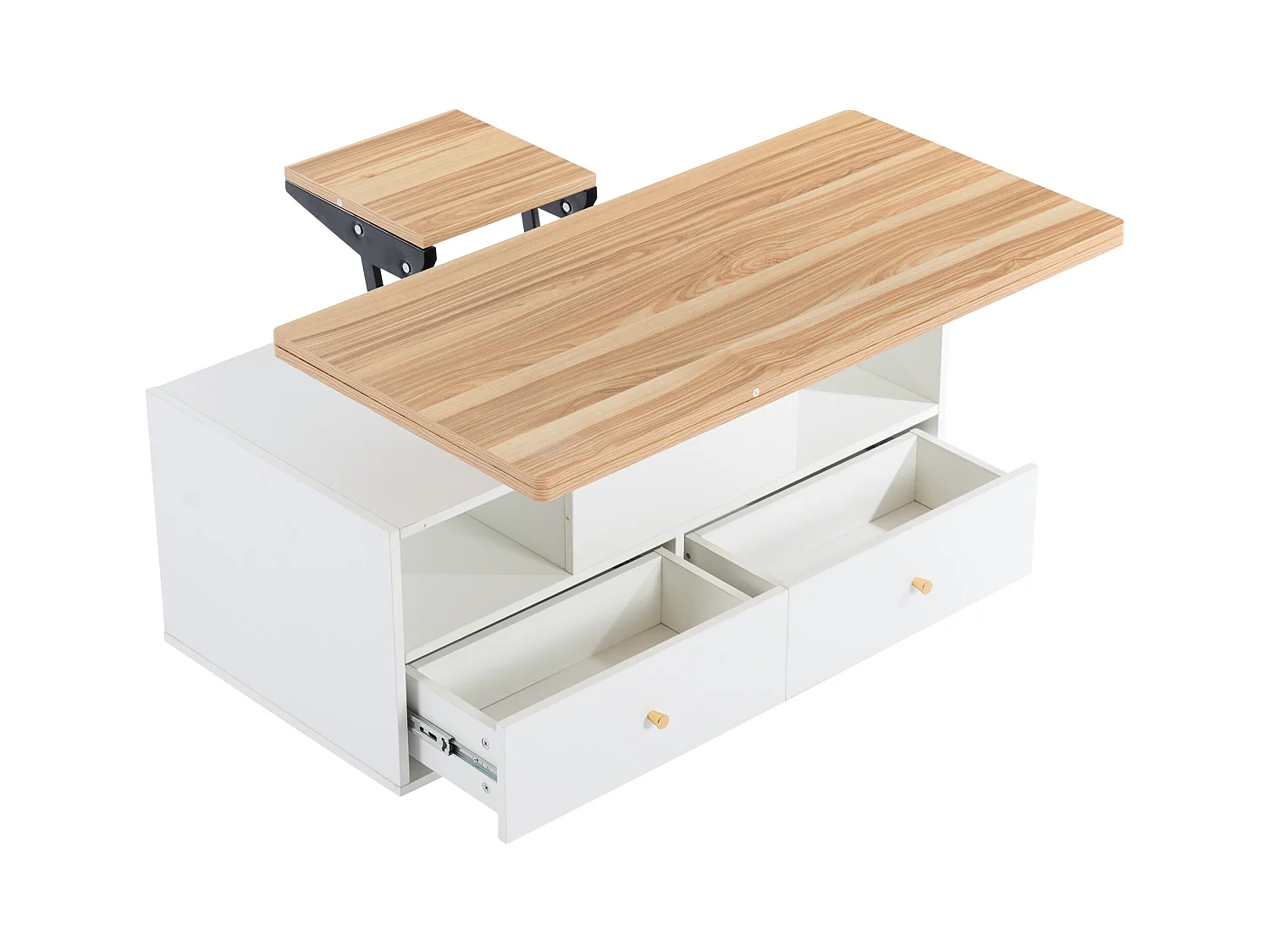 Couchtisch 100×50×47.5 cm - mit Klappfunktion - 4 Schubladen - mit Drehrollen - weiß + natur