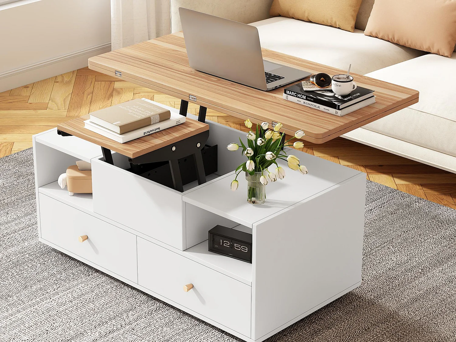 Tavolino 100×50×47.5 cm - con funzione pieghevole - 4 cassetti - con rotelle girevoli - bianco + naturale