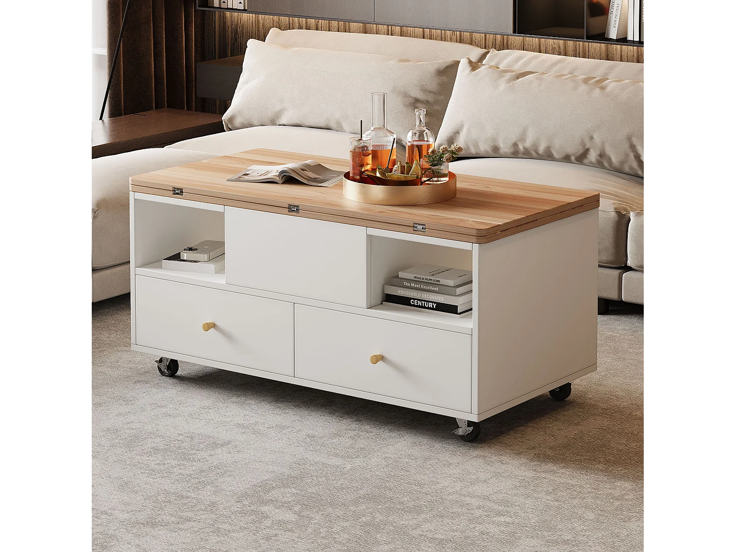 Tavolino 100×50×47.5 cm - con funzione pieghevole - 4 cassetti - con rotelle girevoli - bianco + naturale