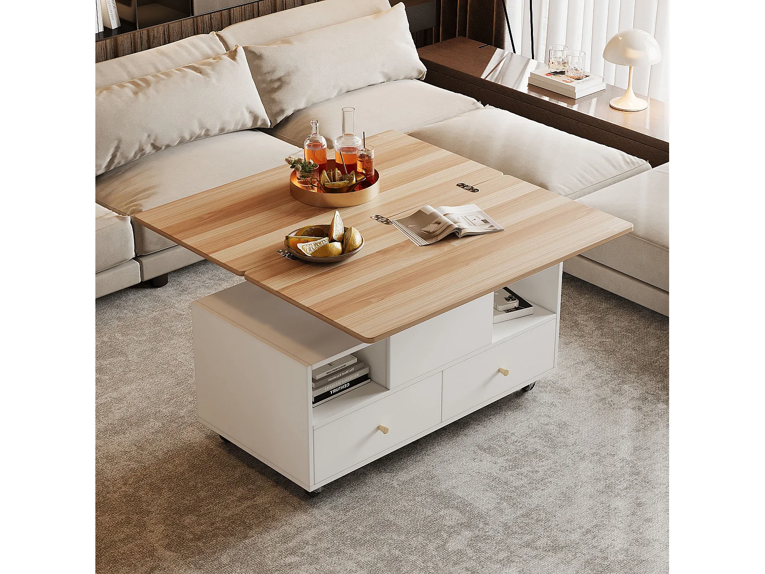 Tavolino 100×50×47.5 cm - con funzione pieghevole - 4 cassetti - con rotelle girevoli - bianco + naturale