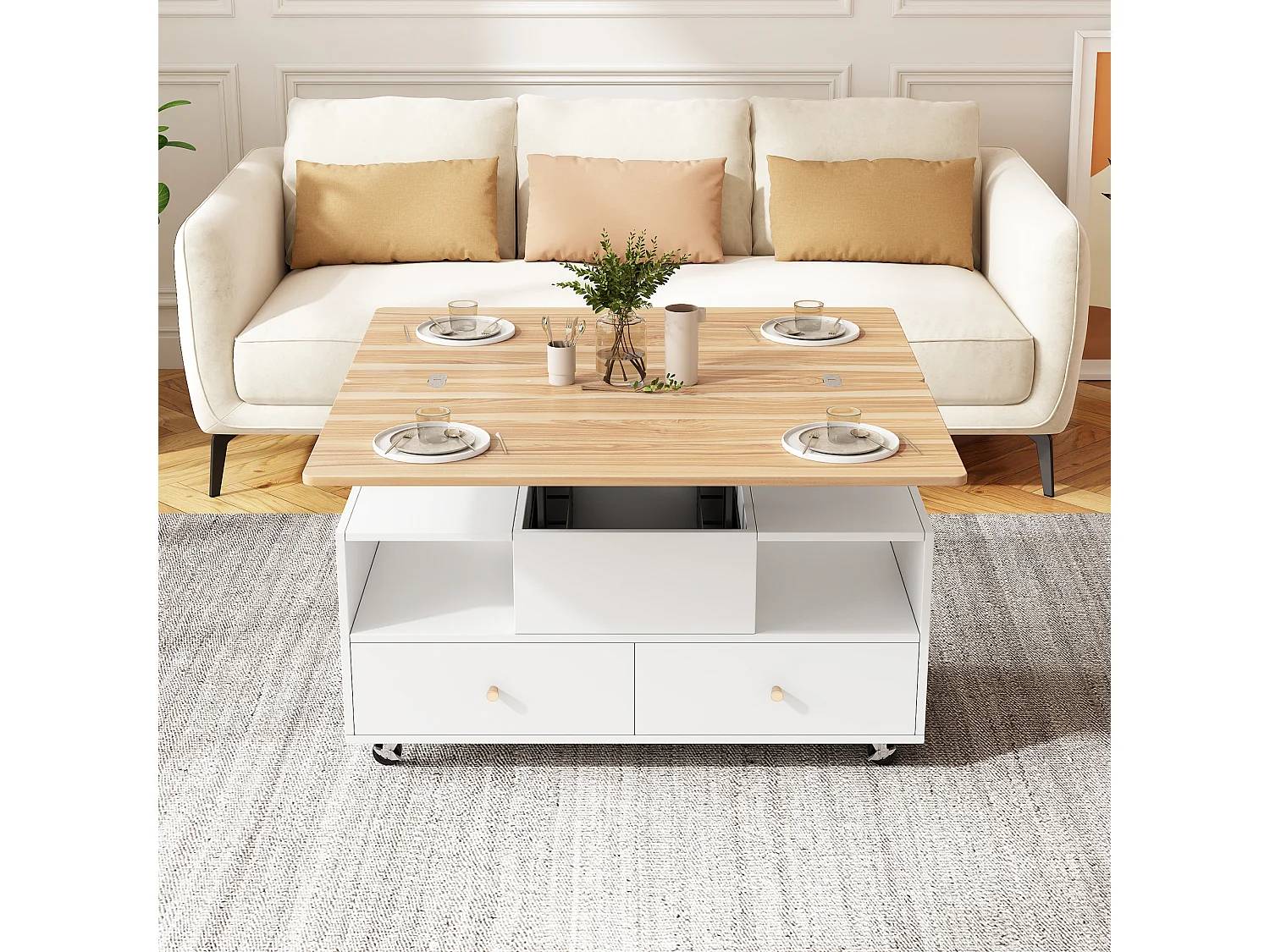 Tavolino 100×50×47.5 cm - con funzione pieghevole - 4 cassetti - con rotelle girevoli - bianco + naturale