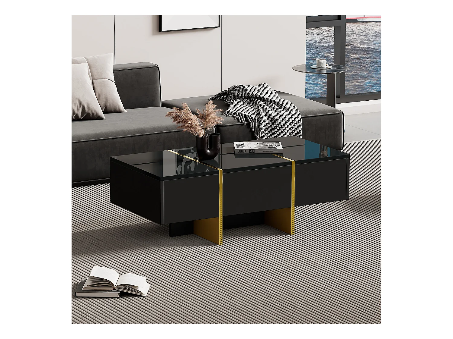 Table basse rectangle avec 2 tiroirs et 2 compartiments cachés, noir et doré