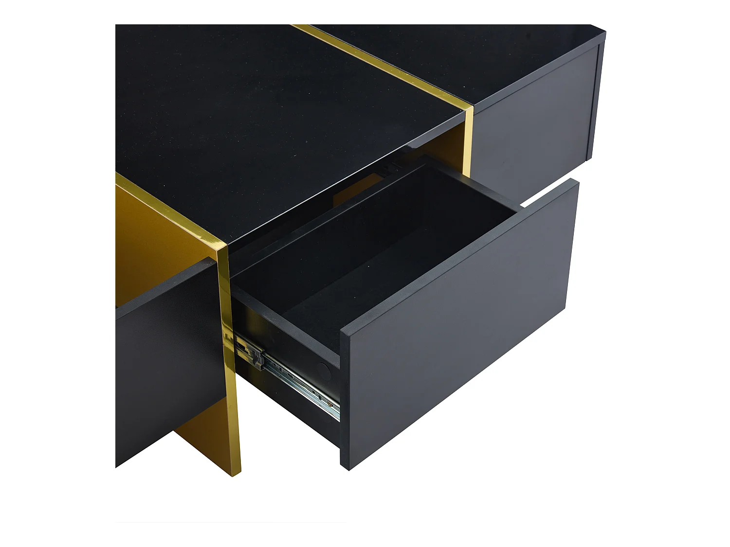 Table basse rectangle avec 2 tiroirs et 2 compartiments cachés, noir et doré