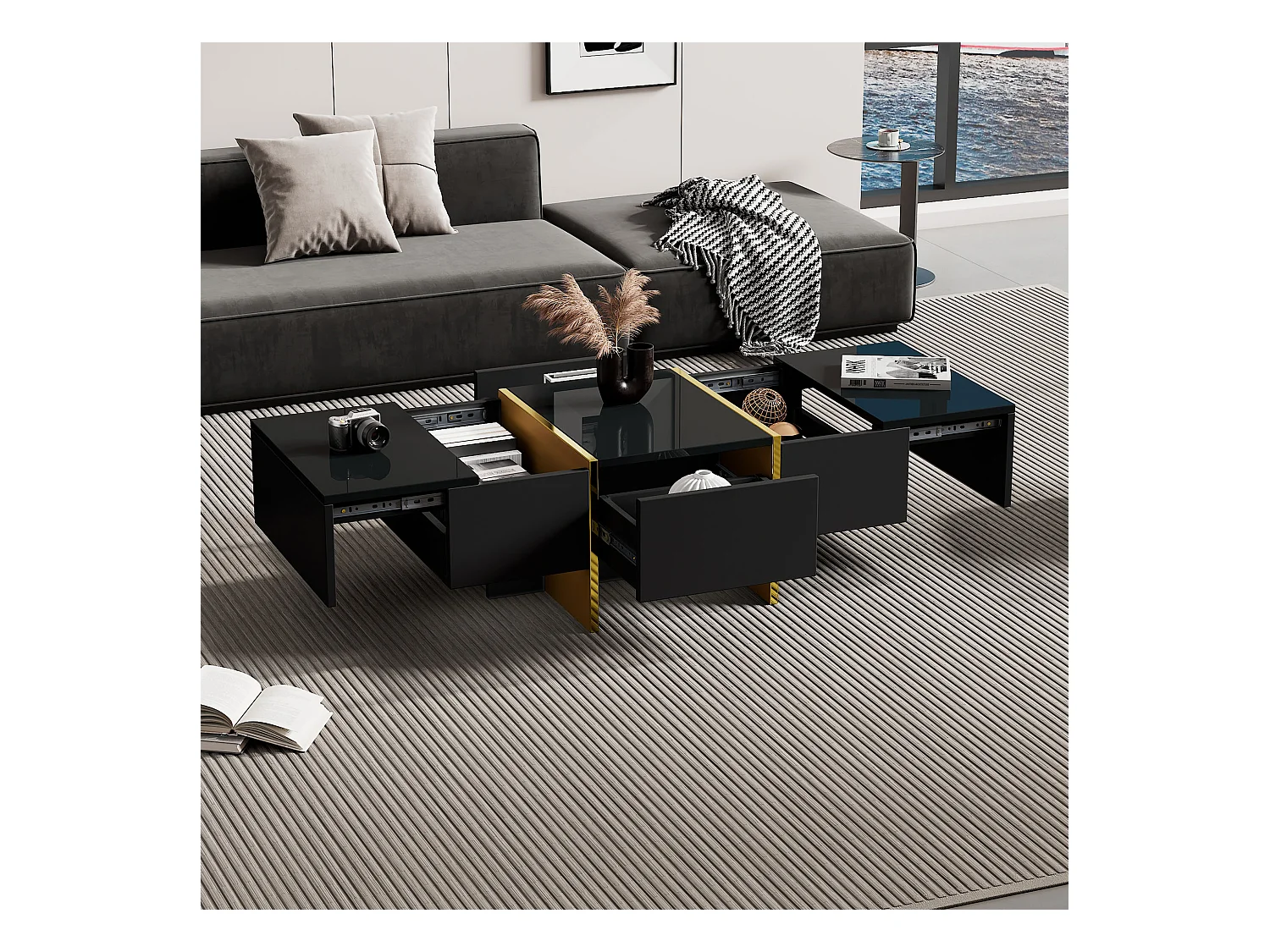 Table basse rectangle avec 2 tiroirs et 2 compartiments cachés, noir et doré