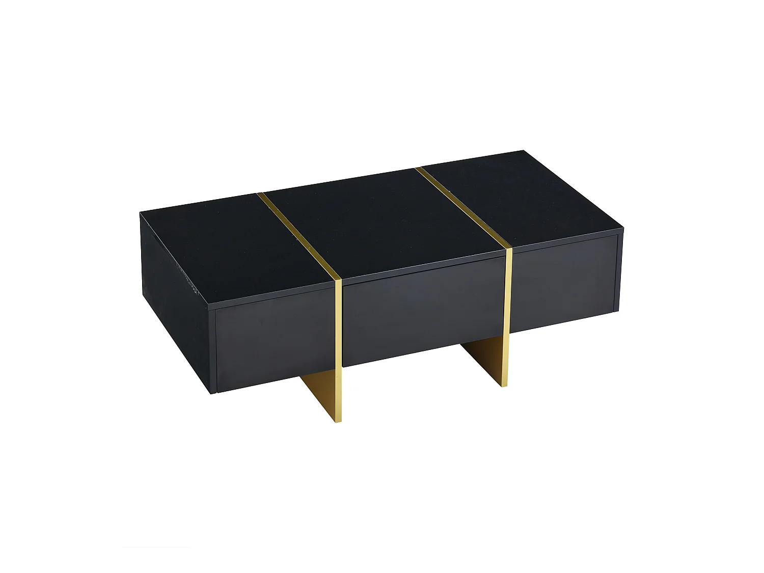 Table basse rectangle avec 2 tiroirs et 2 compartiments cachés, noir et doré