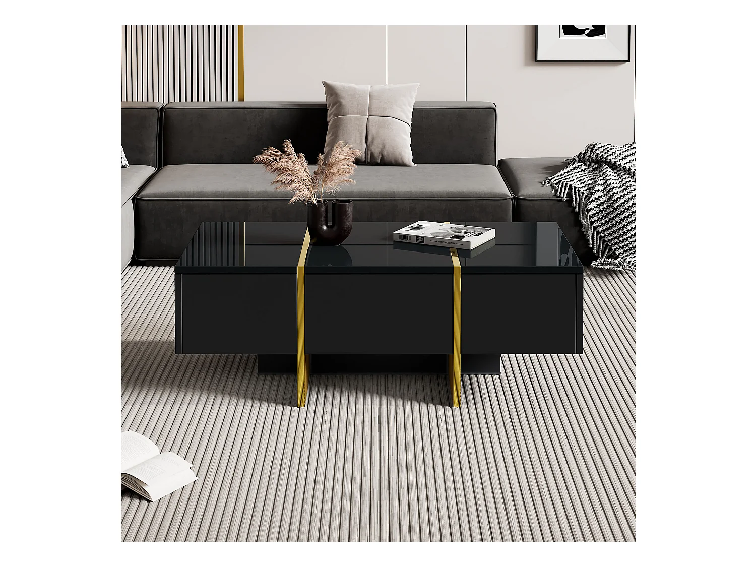 Table basse rectangle avec 2 tiroirs et 2 compartiments cachés, noir et doré
