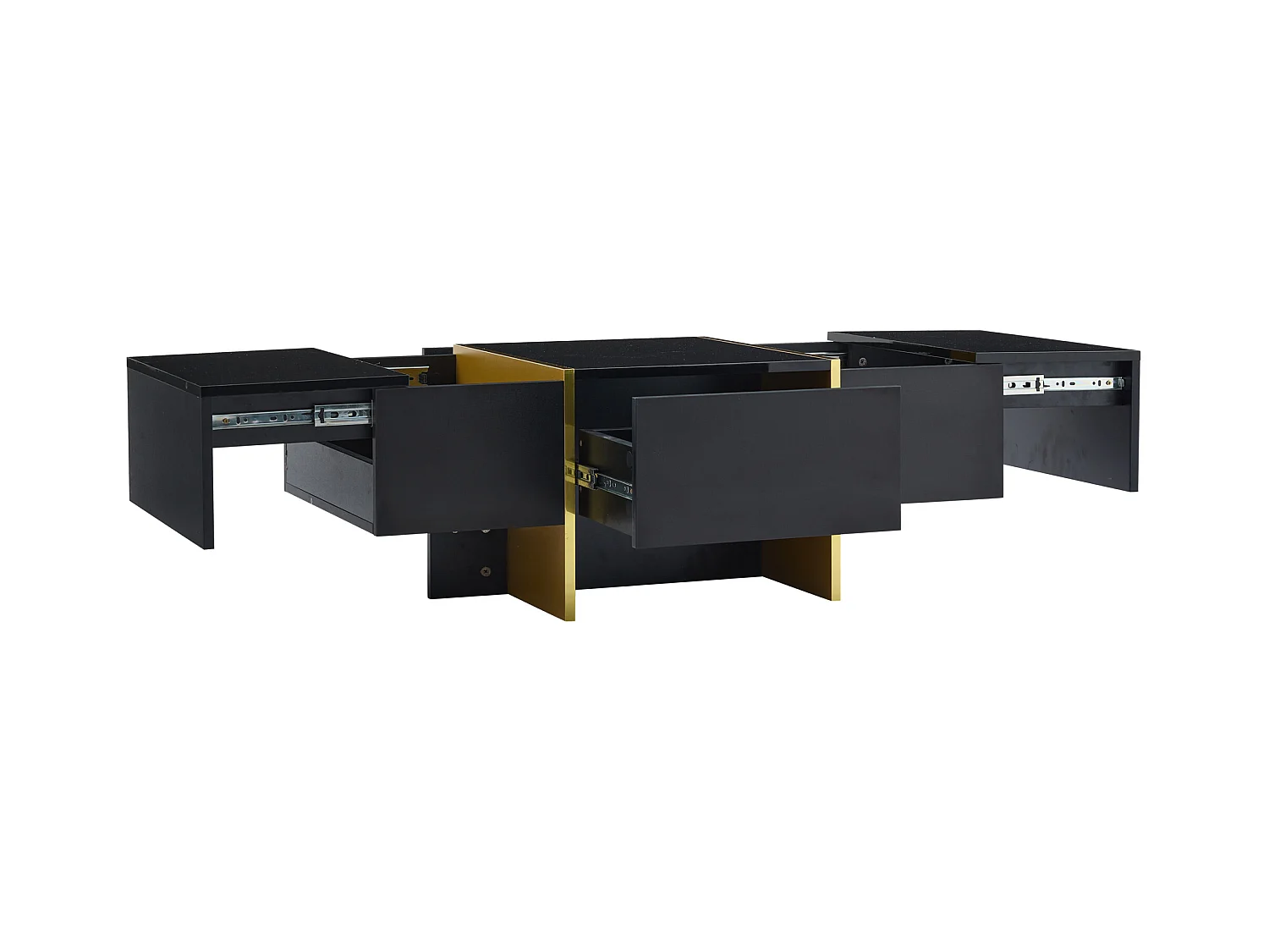 Table basse rectangle avec 2 tiroirs et 2 compartiments cachés, noir et doré