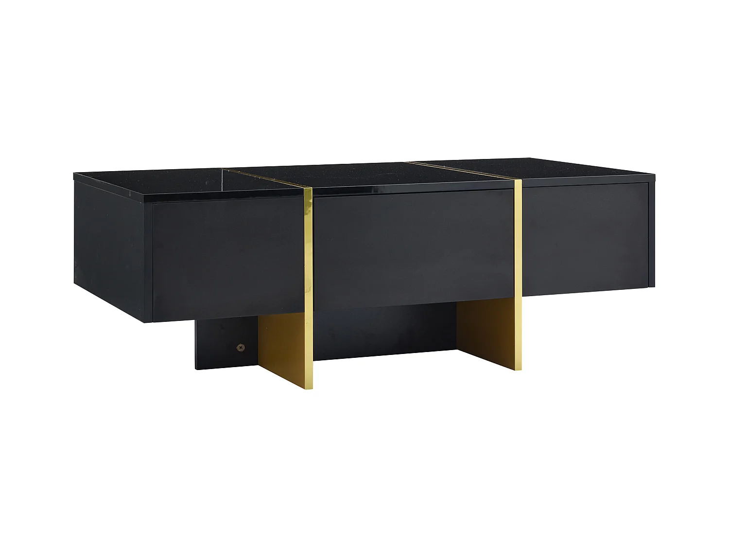 Table basse rectangle avec 2 tiroirs et 2 compartiments cachés, noir et doré