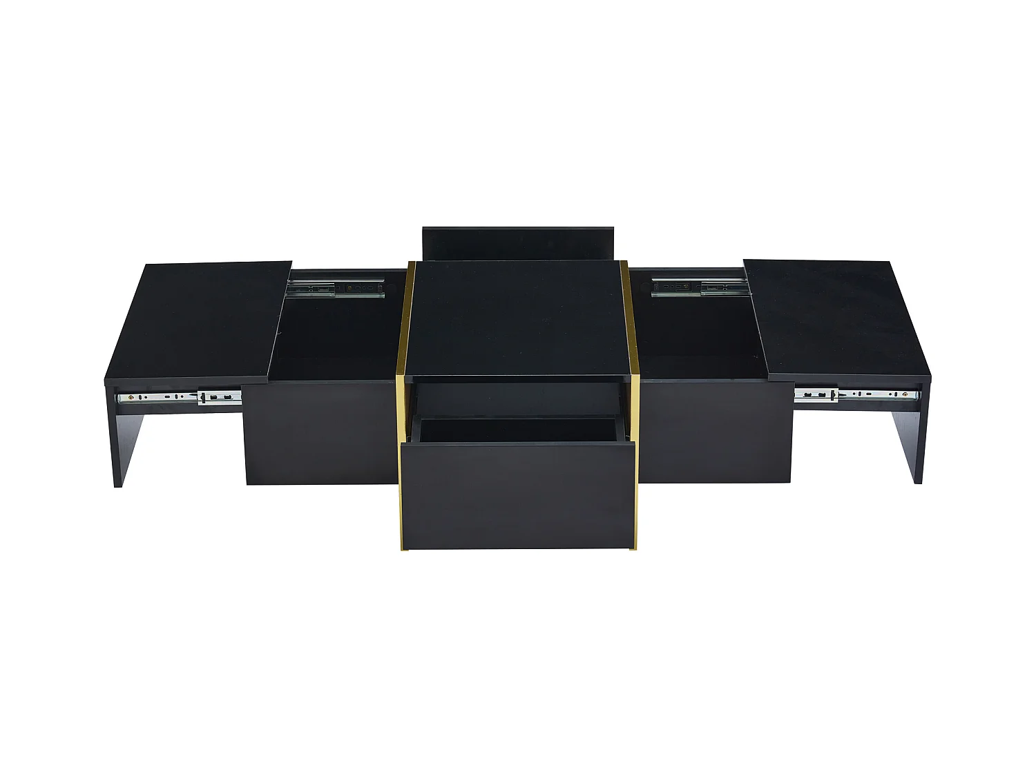 Table basse rectangle avec 2 tiroirs et 2 compartiments cachés, noir et doré