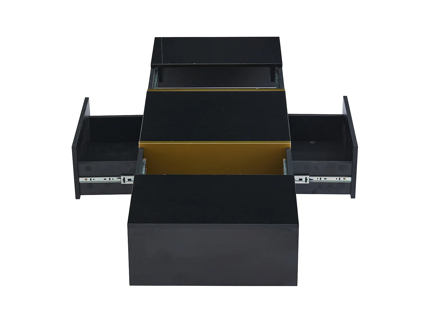 Table basse rectangle avec 2 tiroirs et 2 compartiments cachés, noir et doré