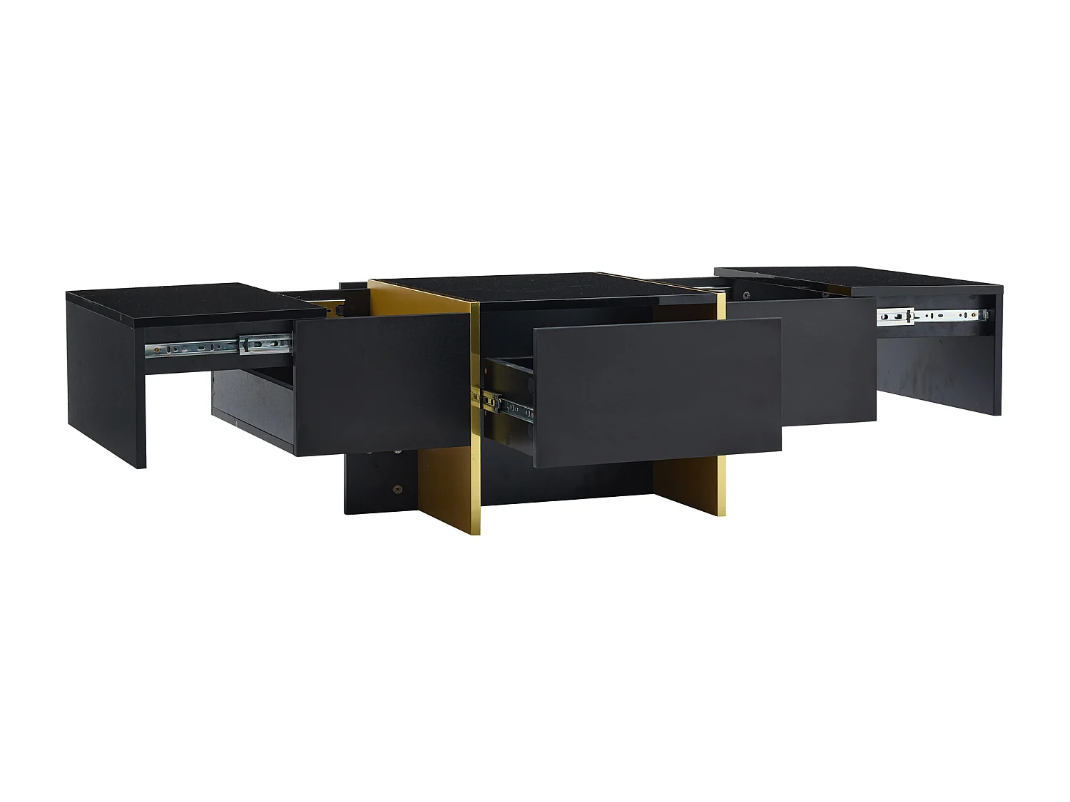 Table basse rectangle avec 2 tiroirs et 2 compartiments cachés, noir et doré