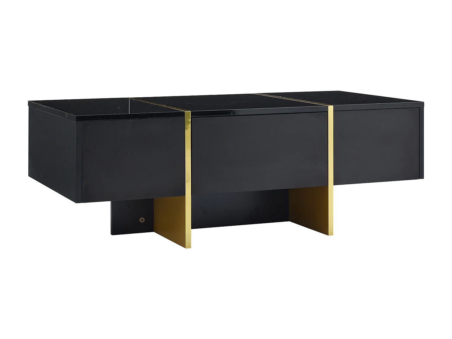 Table basse rectangle avec 2 tiroirs et 2 compartiments cachés, noir et doré