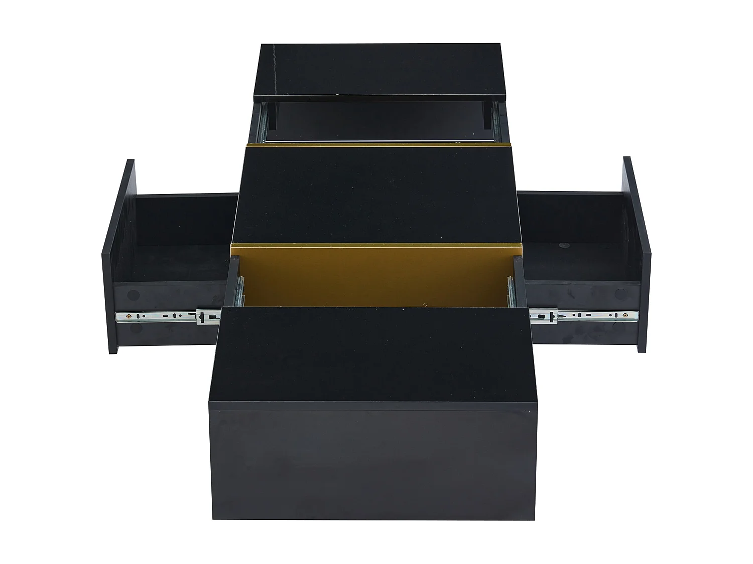Table basse rectangle avec 2 tiroirs et 2 compartiments cachés, noir et doré