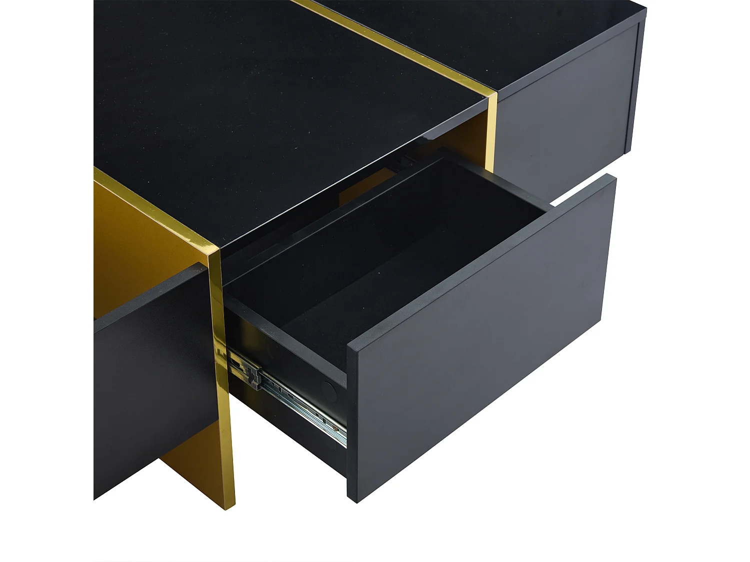 Table basse rectangle avec 2 tiroirs et 2 compartiments cachés, noir et doré