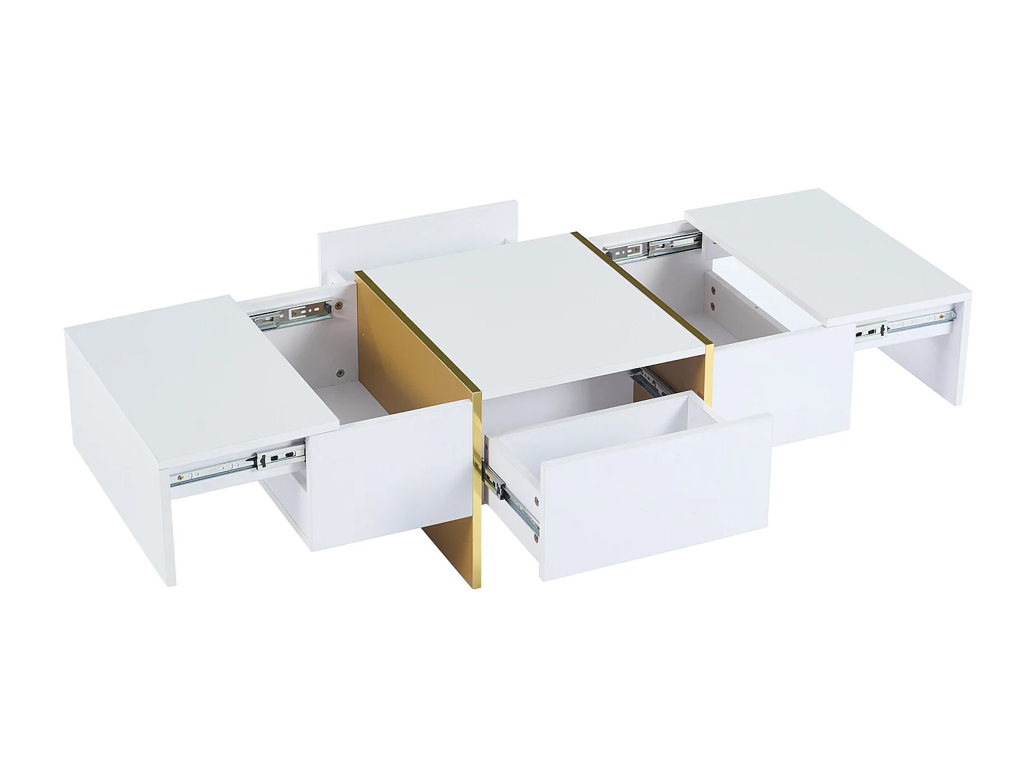 Table basse rectangle avec 2 tiroirs et 2 compartiments cachés, blanc et doré