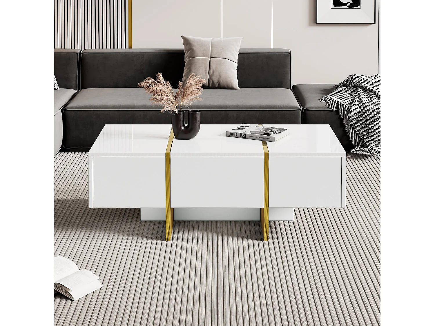 Table basse rectangle avec 2 tiroirs et 2 compartiments cachés, blanc et doré