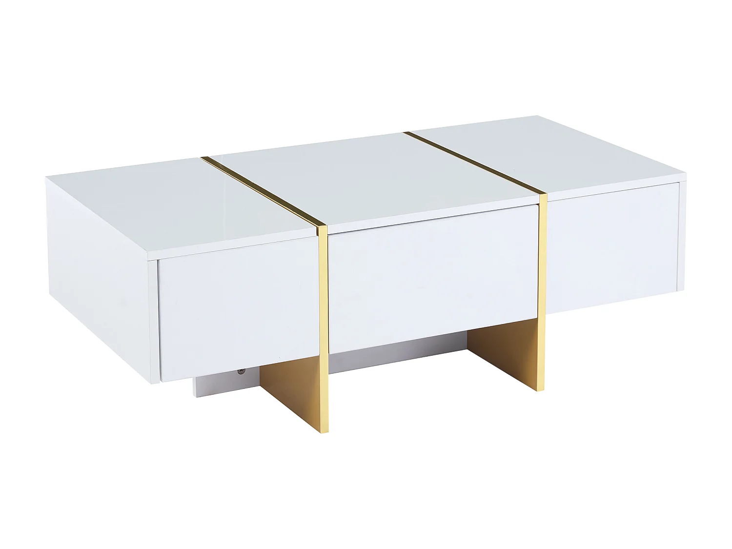 Table basse rectangle avec 2 tiroirs et 2 compartiments cachés, blanc et doré