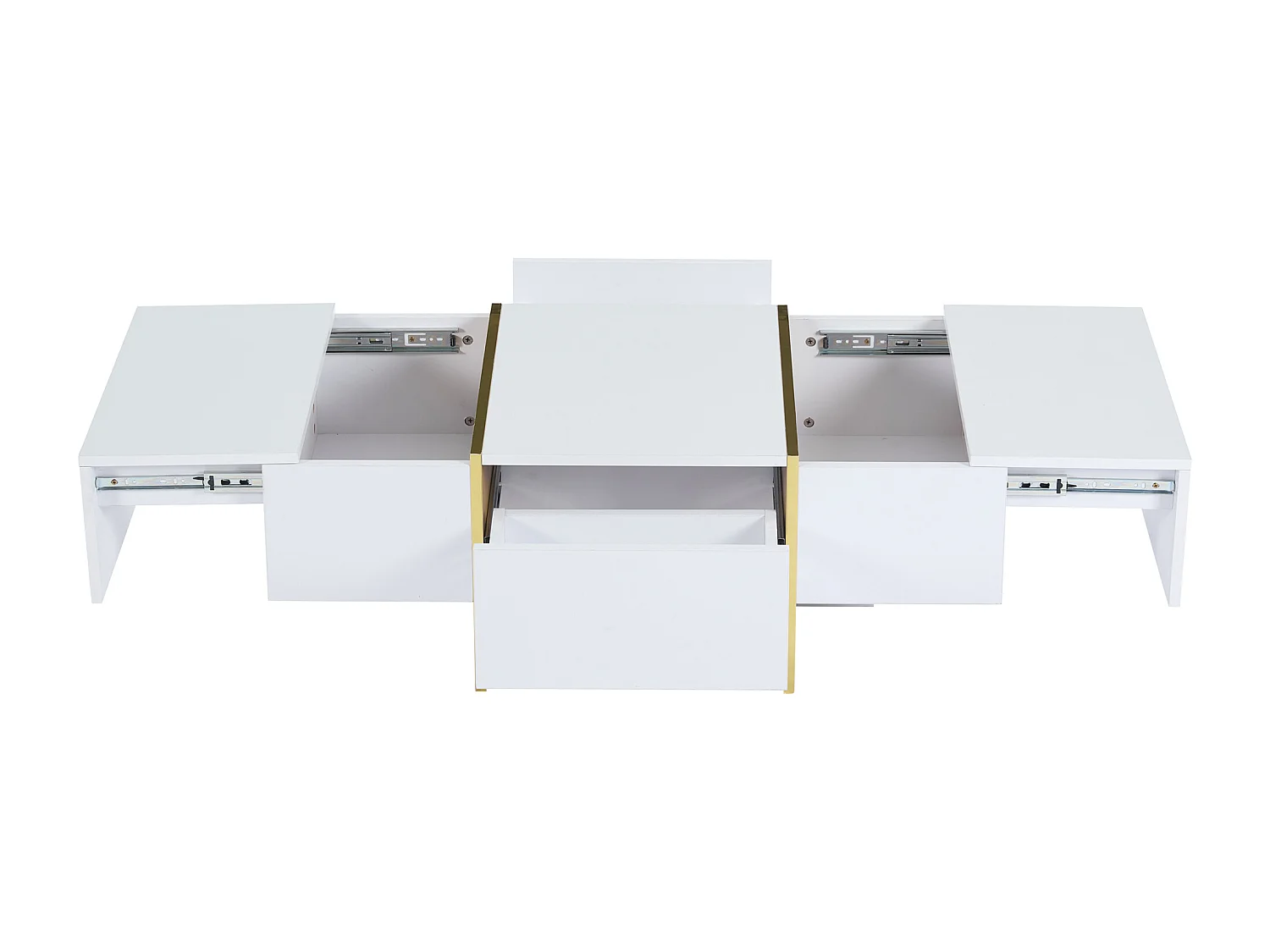 Table basse rectangle avec 2 tiroirs et 2 compartiments cachés, blanc et doré