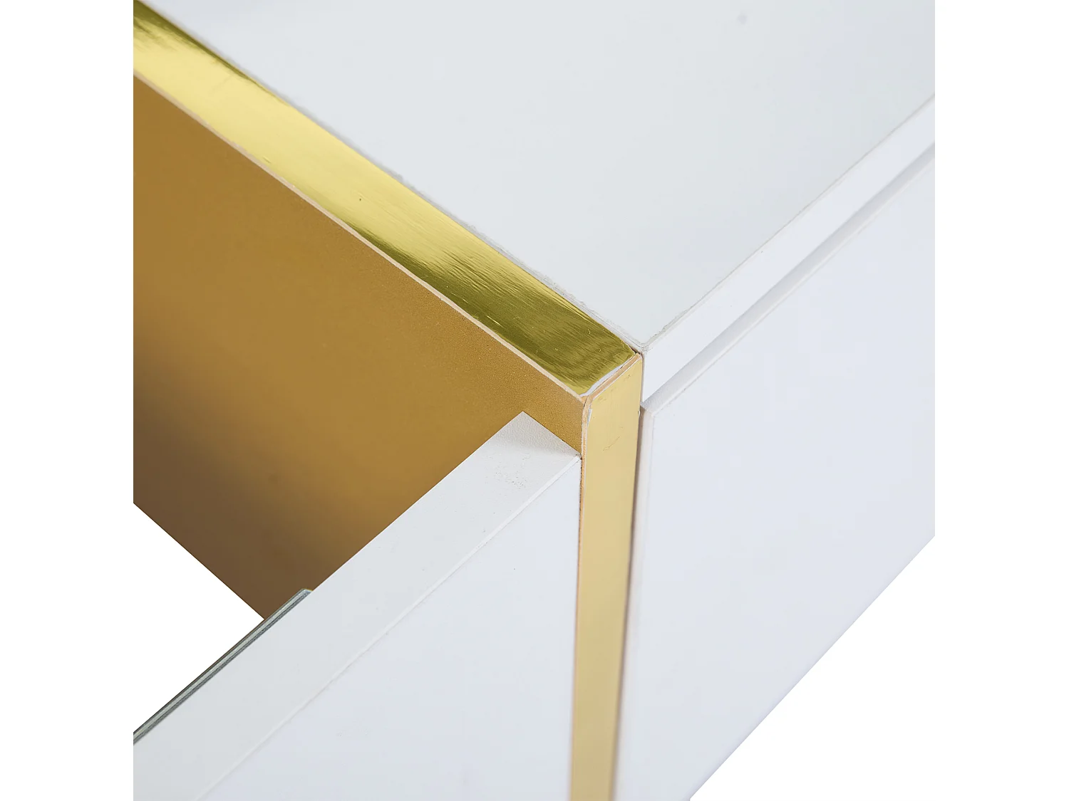 Table basse rectangle avec 2 tiroirs et 2 compartiments cachés, blanc et doré