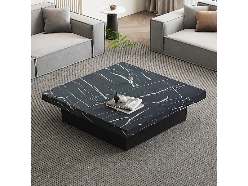 Tavolino quadrato in marmo nero impiallacciato, piano modulare a 4 sezioni con cassetti integrati