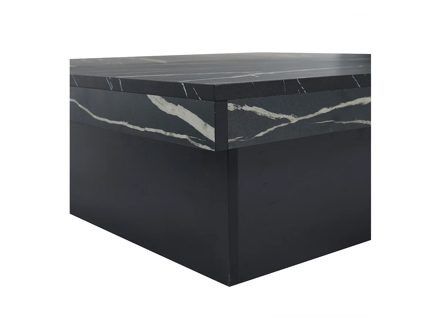 Mesa de centro cuadrada chapada en mármol negro, tablero modular de 4 secciones con cajones integrados