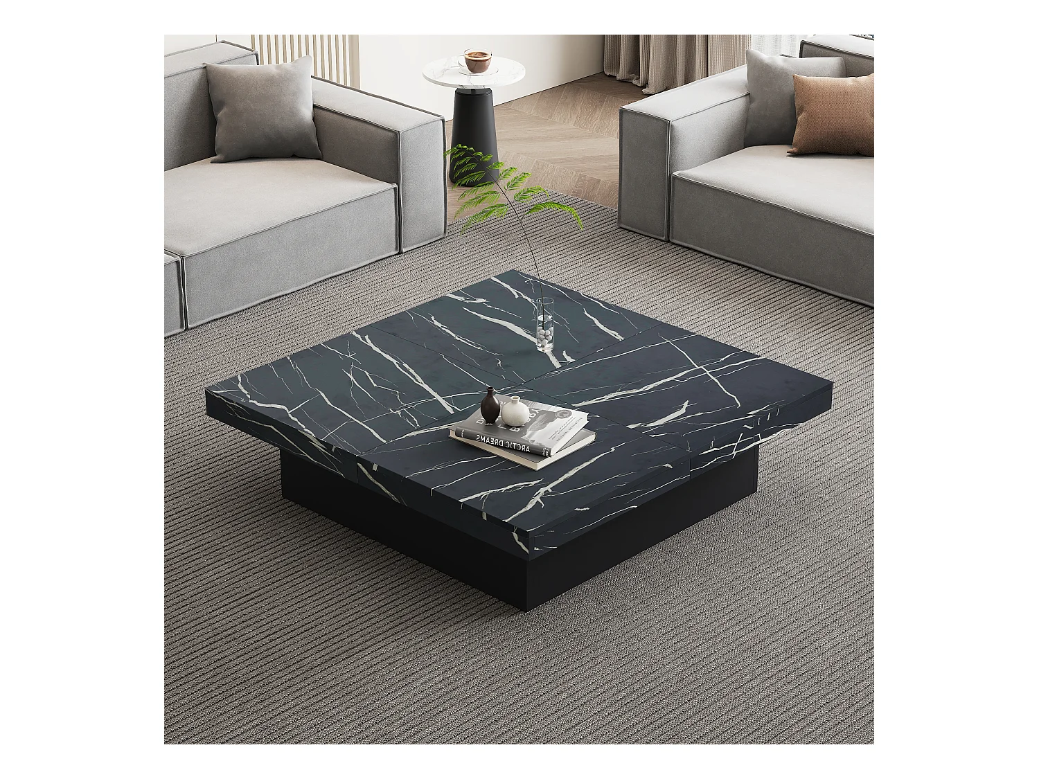 Table basse carré en placage marbre noir, Plateau modulable à 4 sections avec tiroirs intégrés