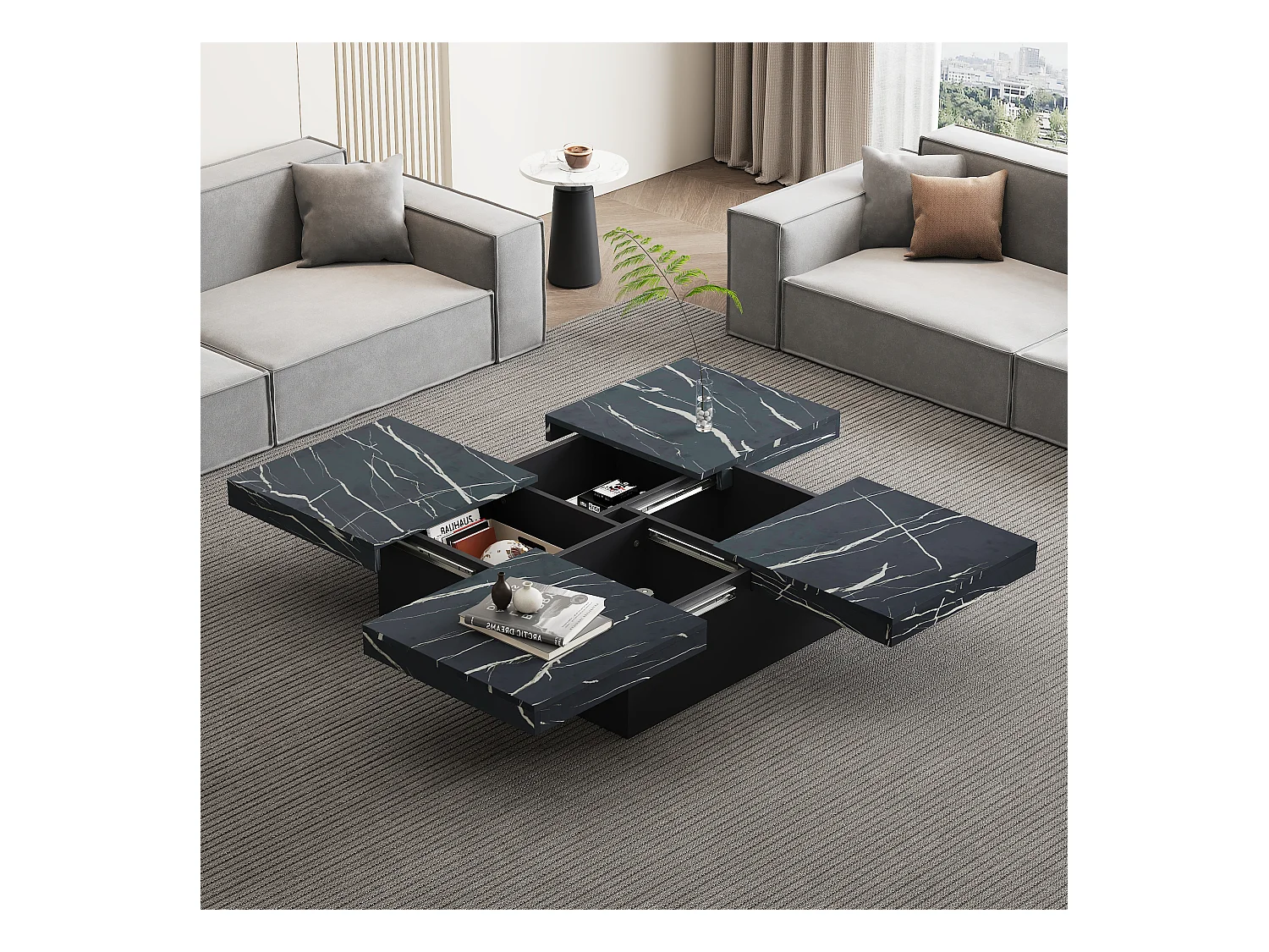 Table basse carré en placage marbre noir, Plateau modulable à 4 sections avec tiroirs intégrés