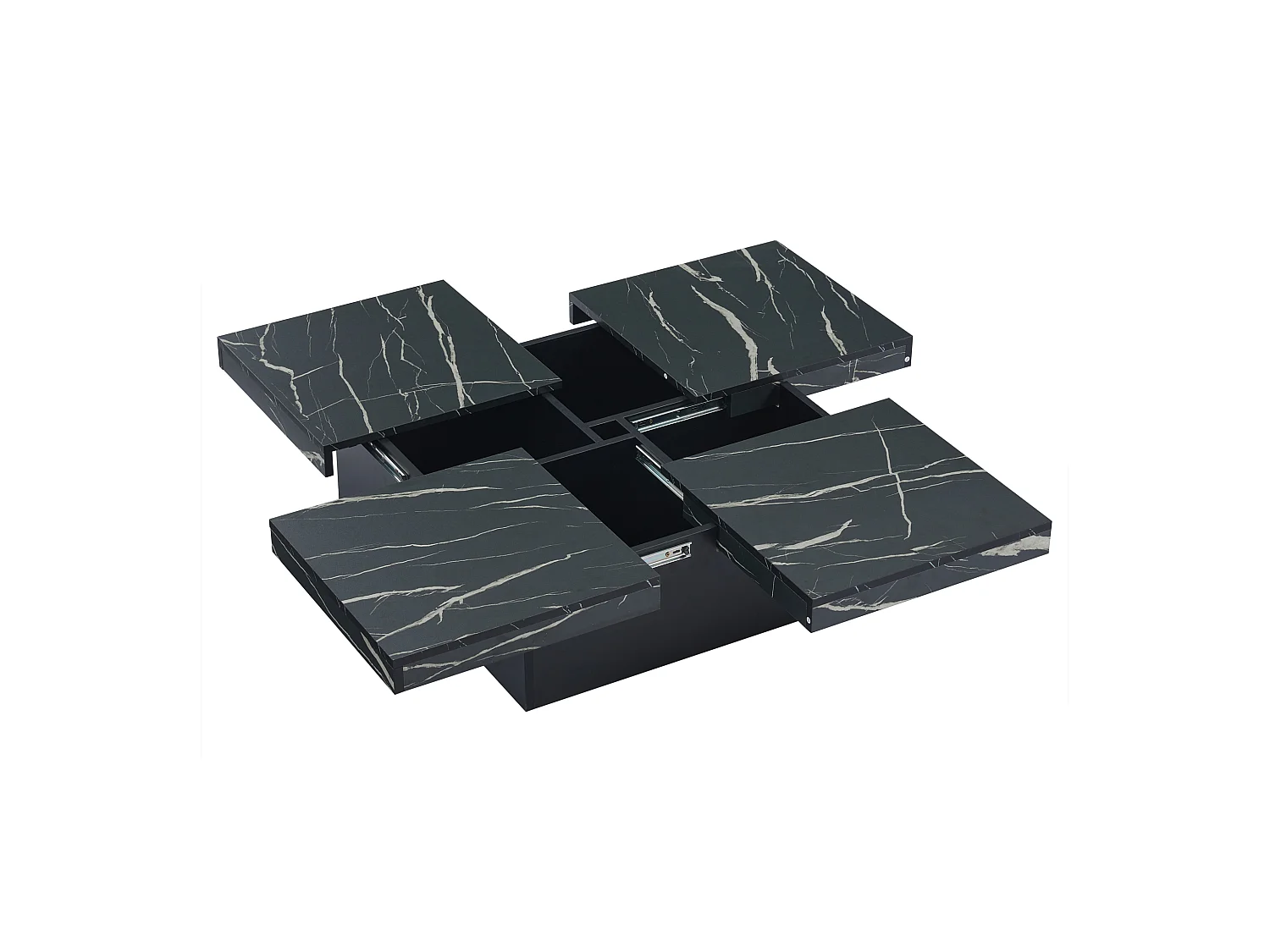 Table basse carré en placage marbre noir, Plateau modulable à 4 sections avec tiroirs intégrés