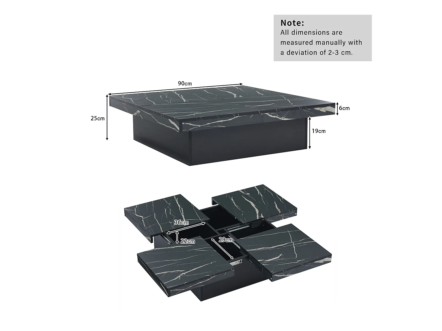 Table basse carré en placage marbre noir, Plateau modulable à 4 sections avec tiroirs intégrés